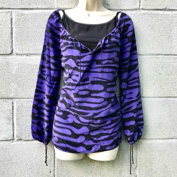 ANTHRO WHAT GOES AROUND COMES AROUND S Zebra Print Silk Blouse Black On Purple - Picture 2 of 9